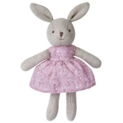 Doudou Peluche Coton Bio Lapine Grise 26cm Robe Rose Fleurie Apple Park™-Jouets Bio Apple Park™